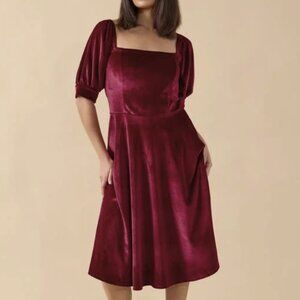 NWT PixieGirl Petite Burgundy Red Square Neck Velvet Dress 4P